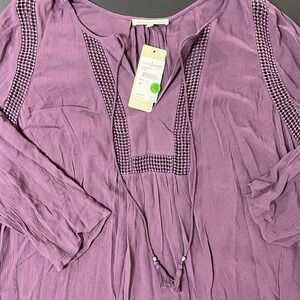 Daniel Rainn Blouse Women's 1X Plum NWT Crochet Accents Lagenlook Boho